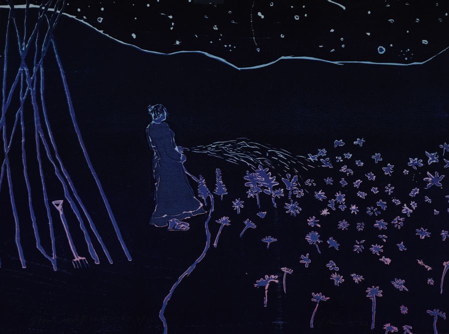 A blue figure watering flowers in a garden under the starry night sky.