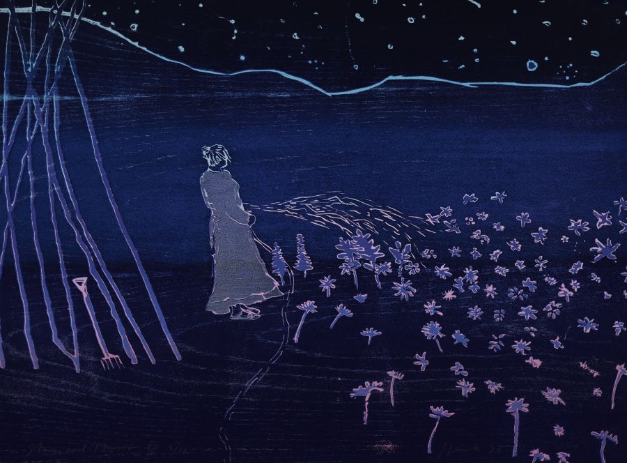A figure in a dress watering flowers at night.
